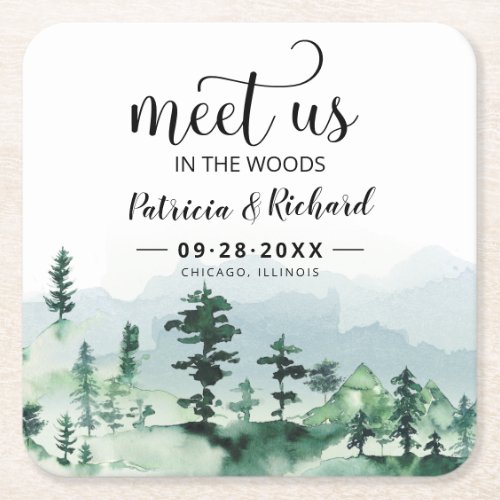 Meet Us In The Woods Outdoor Wedding Save The Date Square Paper Coaster