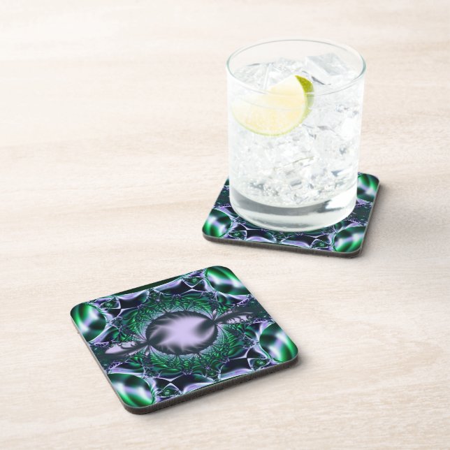 Meg | Green and Blue Fractal Art Beverage Coaster (Right Side)