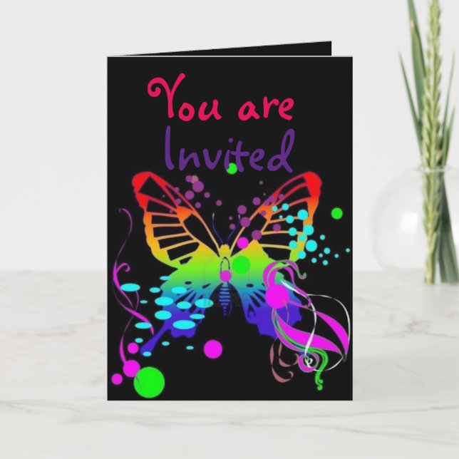 Mega Color Butterfly on Black Kids Party Invites (Front)
