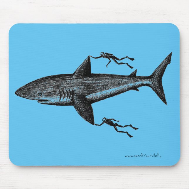 Megalodon shark and divers cool ink pen drawing mouse pad (Front)