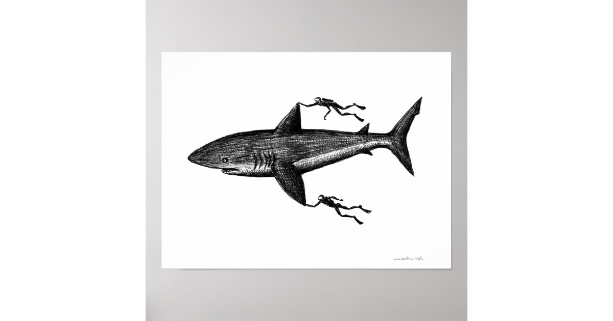 Megalodon Shark And Divers Cool Ink Pen Drawing Poster Zazzle Com