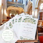Megan Catholic Wedding Mass Ceremony Program<br><div class="desc">This folded Catholic wedding mass ceremony program features an elegant, neutral color palette of white and green. The front cover includes beautiful bouquets of watercolor flowers and greener accented by a Christian cross. Your ceremony details are written in a stylish calligraphy script and a classic serif font. Personalize it using...</div>