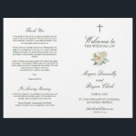 Megan Christian Cross Wedding Ceremony Program<br><div class="desc">This Christian, folded wedding program in green and white features your ceremony details in classic, calligraphy script and serif typography, accented by a beautiful watercolor flower bouquet with white roses and hydrangea and simple cross. It also includes the Bibilical quote "And the two shall become one" (Ephesians 5:31). Personalize with...</div>