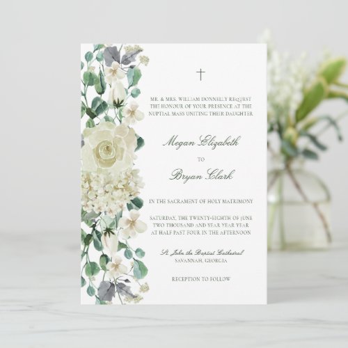 Megan Elegant Greenery White Catholic Wedding Invitation