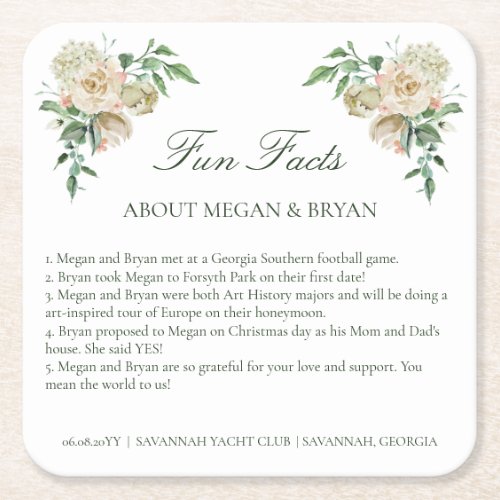 Megan Elegant Wedding Reception Fun Facts Square Paper Coaster