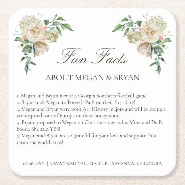 Megan Elegant Wedding Reception Fun Facts Square Paper Coaster (Front)