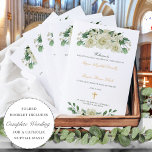 Megan Gold Catholic Wedding Mass Ceremony Program<br><div class="desc">This folded Catholic wedding mass ceremony program features an elegant, neutral color palette of white, gold and green. The front cover includes beautiful bouquets of watercolor flowers and greenery accented by a Christian cross in faux gold glitter. Your ceremony details are written in a stylish calligraphy script and a classic...</div>