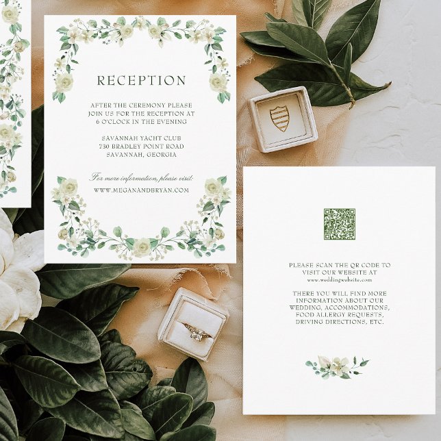 Megan Simple Greenery Wedding Reception Enclosure (Wedding reception enclosure card with white flowers and greenery. Perfect for church weddings.)