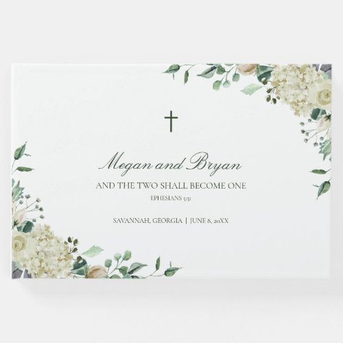 Megan White Floral  Greenery Catholic Wedding Guest Book