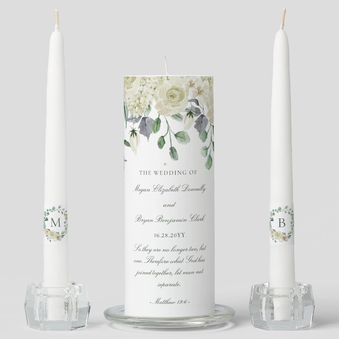 Megan White Floral Greenery Christian Wedding Unity Candle Set Zazzle