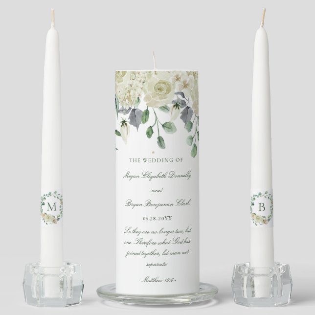 Megan White Floral Greenery Christian Wedding Unity Candle Set (Front)