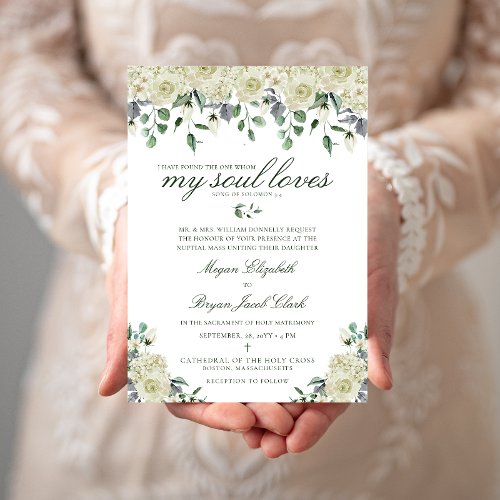 Megan White Flowers  Greenery Catholic Wedding Invitation