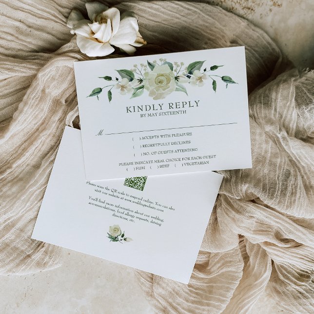 Megan White Rose Greenery Meal Choice Wedding RSVP Card (Elegant, meal choice RSVP card with QR Code embellished with white flowers and greenery)