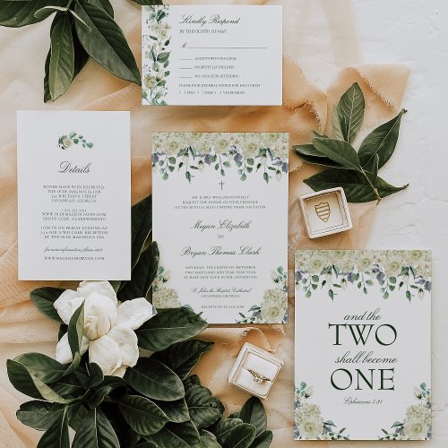 Megan White Roses  Greenery Catholic Wedding Invitation