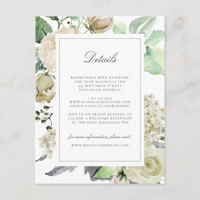 Megan White Roses Greenery Wedding Guest Details Enclosure Card (Front)