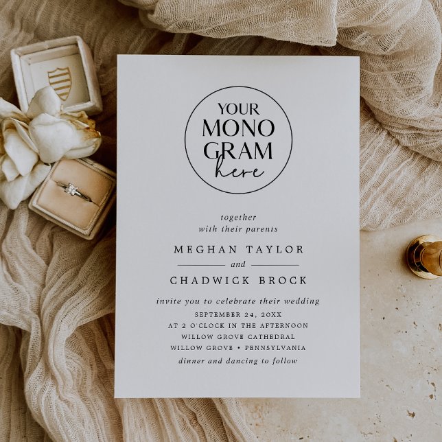 MEGHAN Elegant Crest Monogram Black White Wedding Invitation (MEGHAN Elegant Crest Monogram Black White Wedding Invitation)