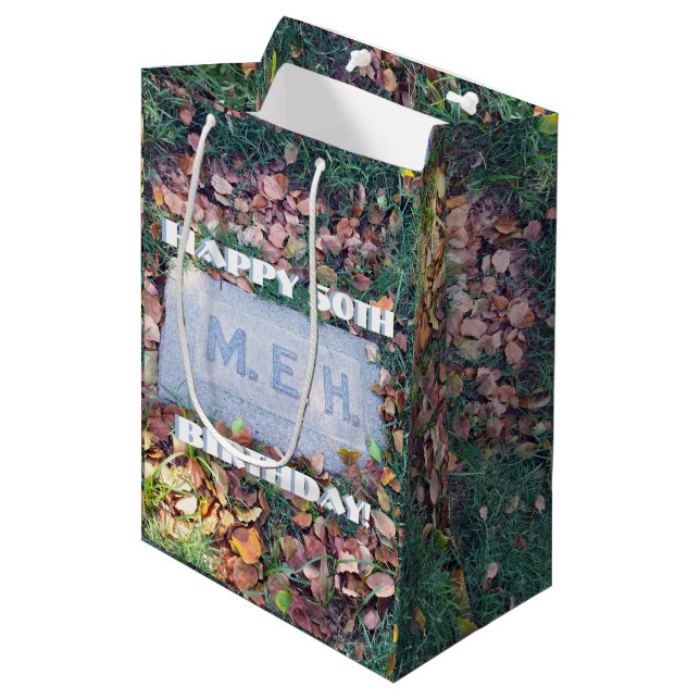 Meh Gravestone Morbid Humor Funny Custom Birthday Medium Gift Bag (Front Angled)
