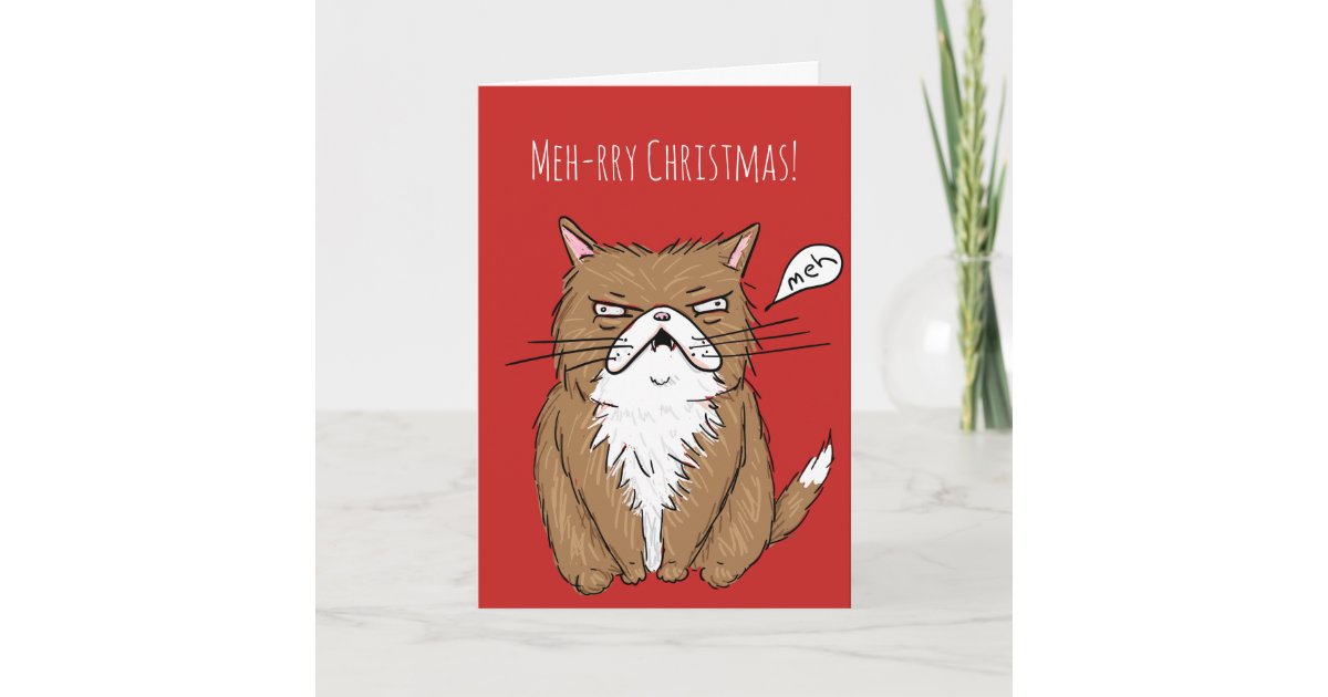 Meh Rry Christmas Funny Grumpy Cat Christmas Card Zazzle Com