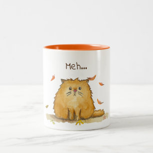 Meh.../ Sad Watercolor Cat With Autumn Leaves Two-Tone Coffee Mug