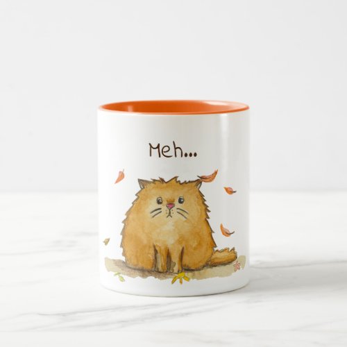 Meh Sad Watercolor Cat With Autumn Leaves Two_Tone Coffee Mug