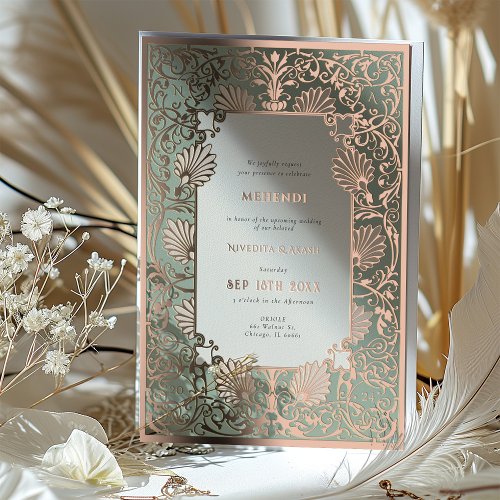 MEHENDI Ceremony Rose Gold Foil Accents Wedding Foil Invitation