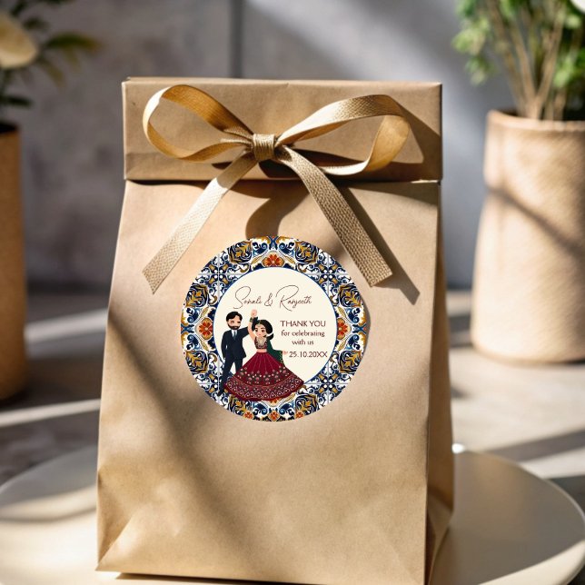 Mehndi and sangeet Indian wedding thank you favor Classic Round Sticker (Mehndi sangeet Indian wedding thank you favor  Sticker cute cartoon couple favor stickers)