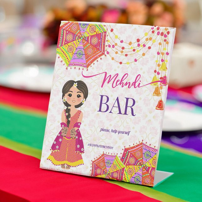 Mehndi bar cute Indian bride umbrella table sign (Mehndi bar cute Indian bride umbrella bangle favors table sign)