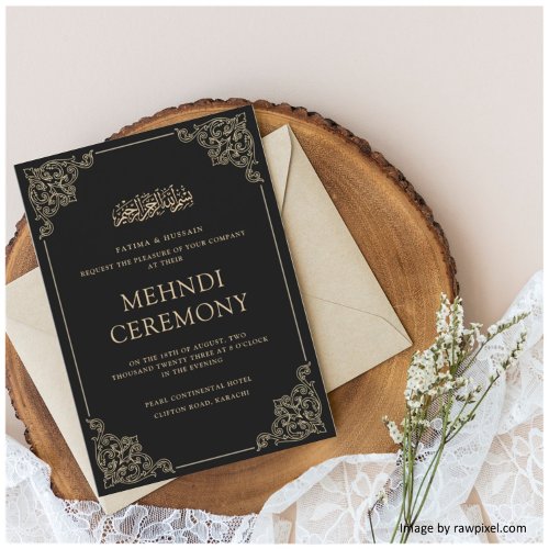 Mehndi Black Gold Islamic Muslim Wedding Invitation