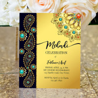 Mehndi blue gold jewelry paisley budget invitation