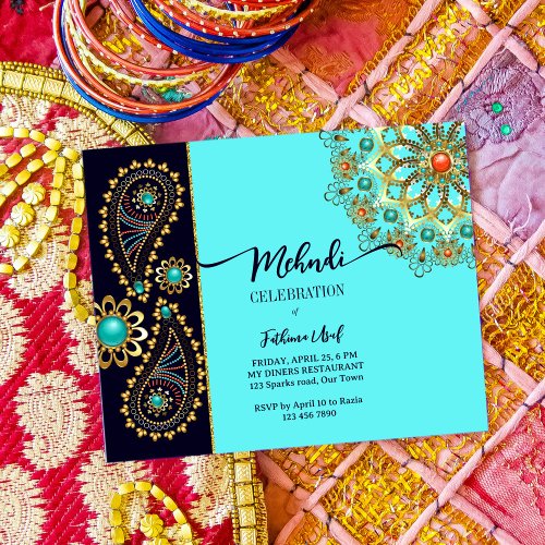 Mehndi blue gold jewelry paisley budget invitation