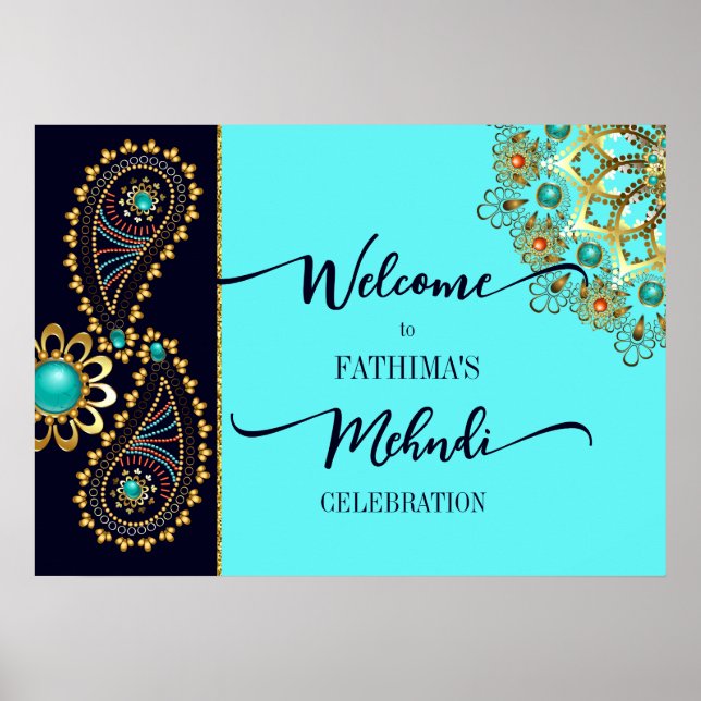 Mehndi blue teal gold jewelry paisley welcome sign (Front)