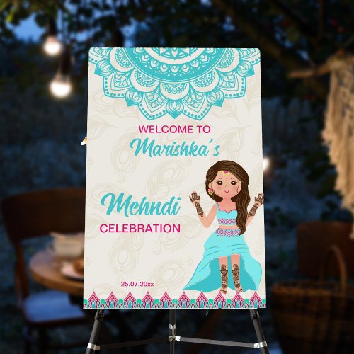Mehndi board sign welcome pink and blue bride