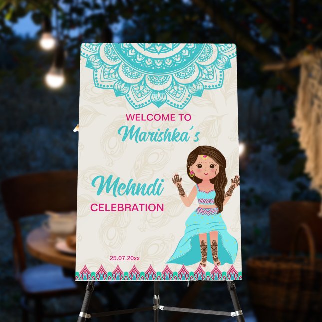 Mehndi board sign welcome pink and blue bride (Creator Uploaded)