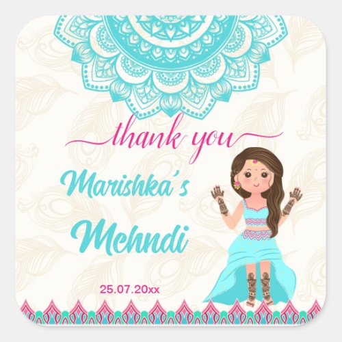 Mehndi board sign welcome pink and blue bride square sticker
