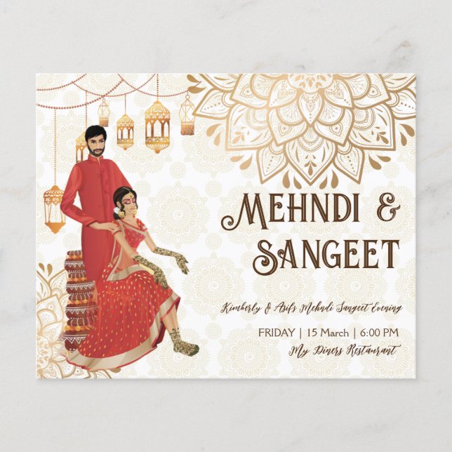 Mehndi budget invite with cute Indian henna bride (Front)