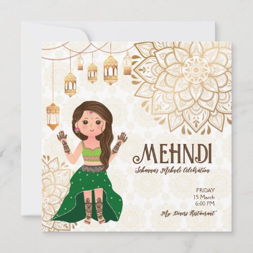 Mehndi budget invite with cute Indian henna bride