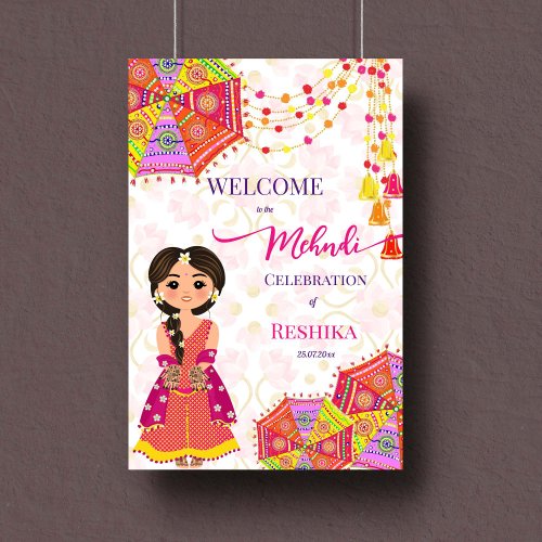 Mehndi cute Indian bride umbrella welcome sign
