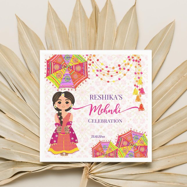 Mehndi cute Indian bride umbrellas  Napkins (Mehndi napkins cute Indian henna bride Indian decor umbrellas pom bells garlands mehndi tableware)