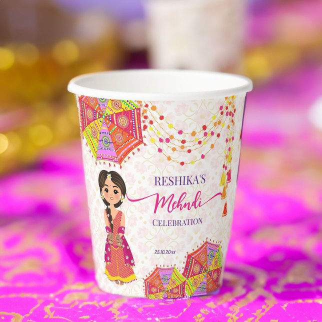 Mehndi cute Indian bride umbrellas  Paper Cups (Mehndi table decor personalized printed paper cups cute Indian bride umbrellas Henna Paper Cups)