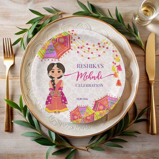 Mehndi cute Indian bride umbrellas  Paper Plates (Mehndi cute Indian bride umbrellas personalized Paper Plates Indian wedding mehndi table decor)