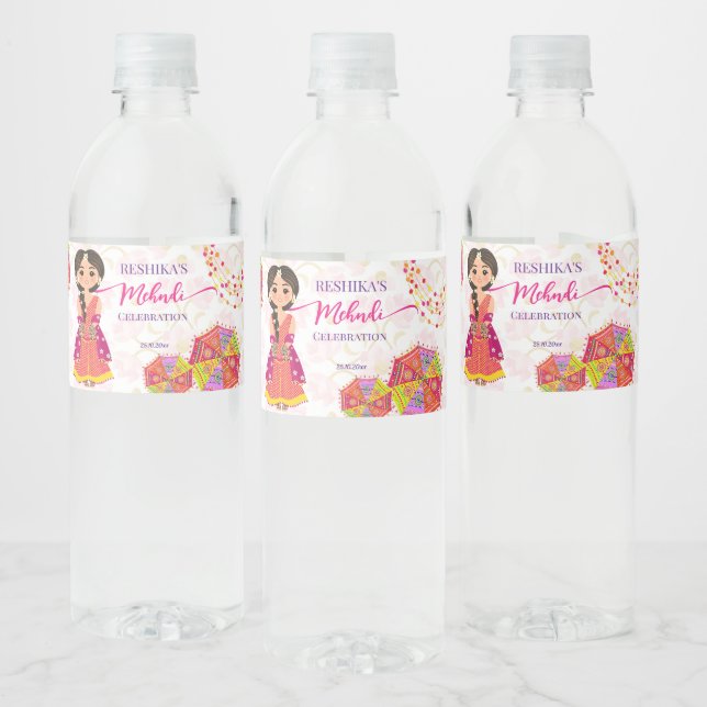 Mehndi cute Indian bride umbrellas  Water Bottle Label (Bottles)