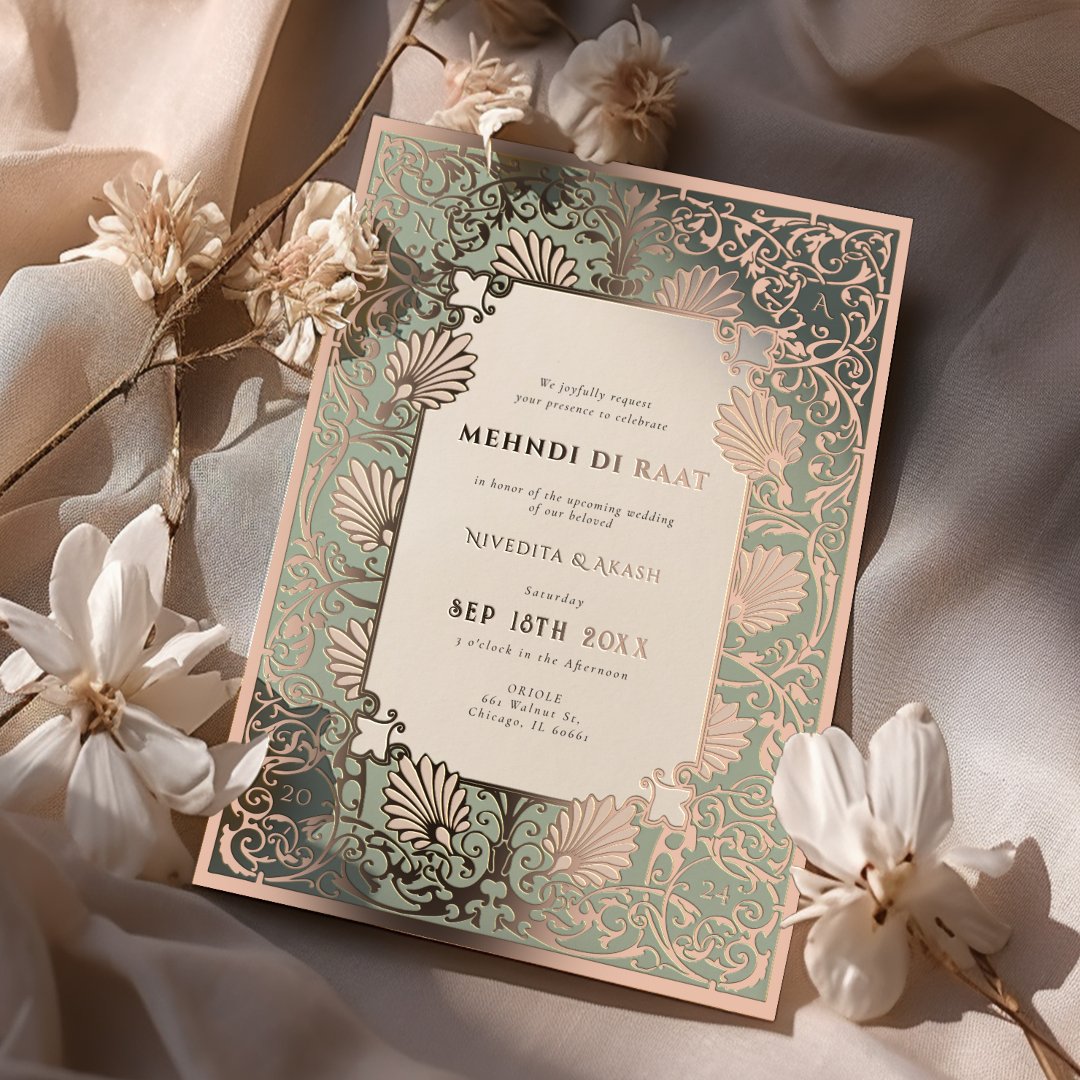 Mehndi di Raat Rose Gold Foil Accents Wedding                    Foil Invitation