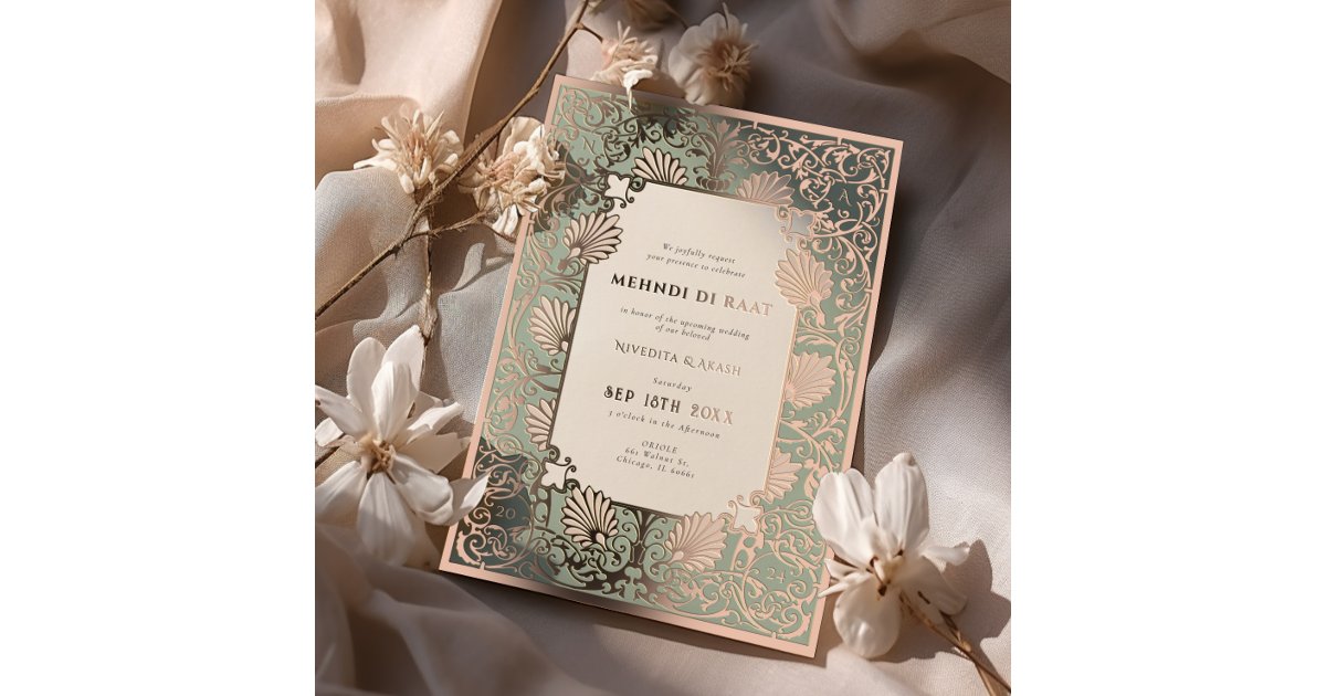 Mehndi di Raat Rose Gold Foil Accents Wedding Foil Invitation