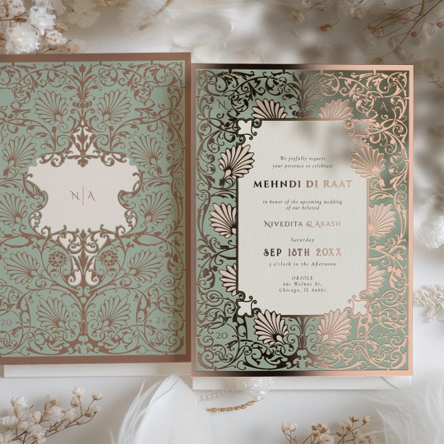Mehndi di Raat Rose Gold Foil Accents Wedding Foil Invitation
