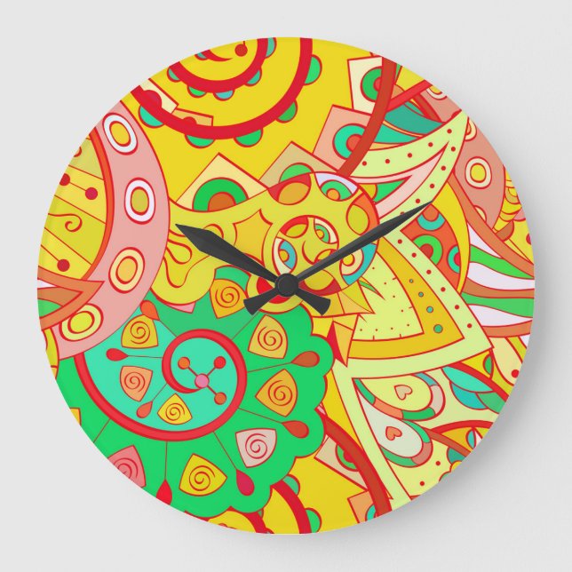 Mehndi Doodle: Colorful Ethnic Texture. Large Clock (Front)