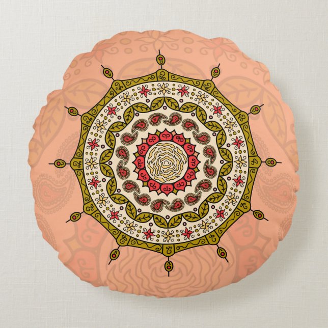 Mehndi Fantasy Gold Round Pillow (Front)