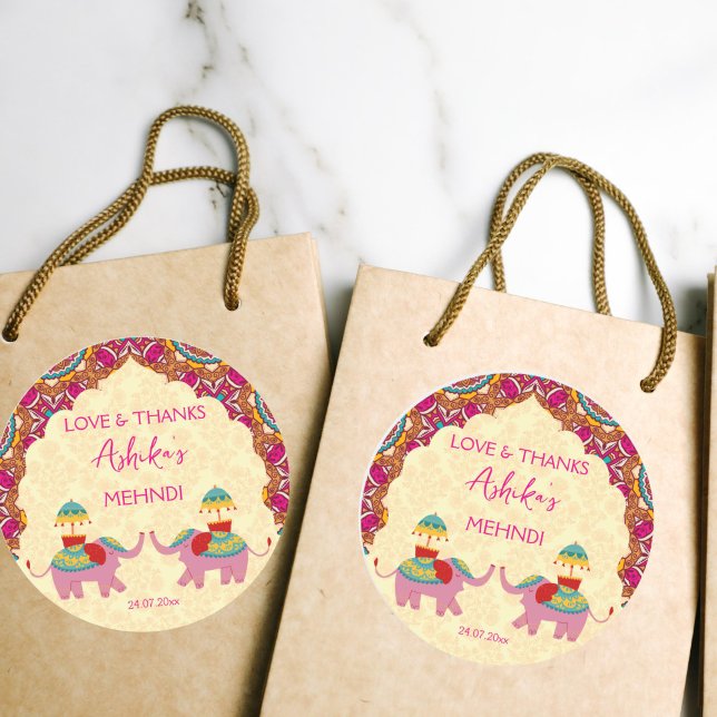 Mehndi favor gift cute elephants pink mandala classic round sticker (Mehndi favor gift thank you stickers with cute wedding elephants cerise rangoli pattern)