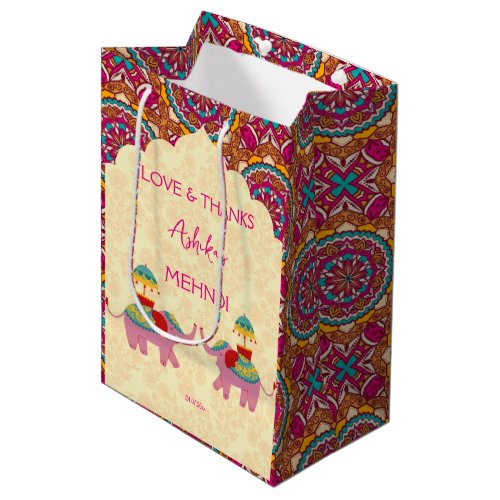 Mehndi favor gift cute elephants pink mandala medium gift bag
