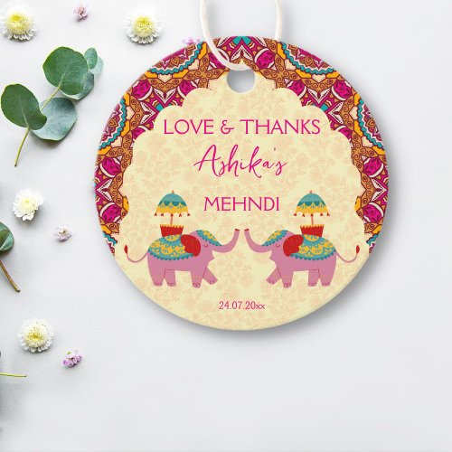 Mehndi favor gift tags cute elephants pink mandala