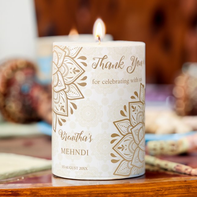 Mehndi favors Golden mandala personalized  Pillar Candle (Mehndi favors Golden mandala personalized Pillar Candle mehndi gifts)